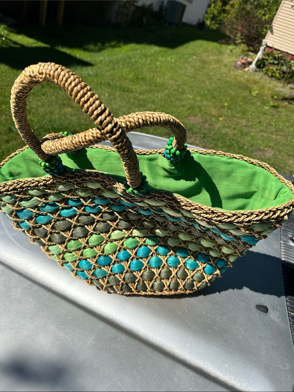 Woven Straw Tote with Green and Teal Accents